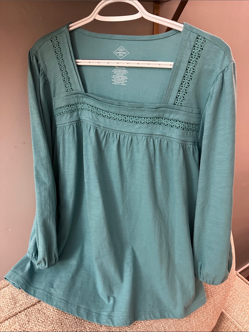 St. John's Bay Teal Long-Sleeve Square Neck Top with Crochet Trim